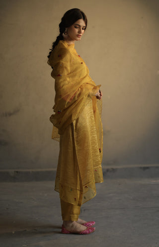 Begum Pret-Mustard A-Line Asymmetrical Kurta Set-INDIASPOPUP.COM