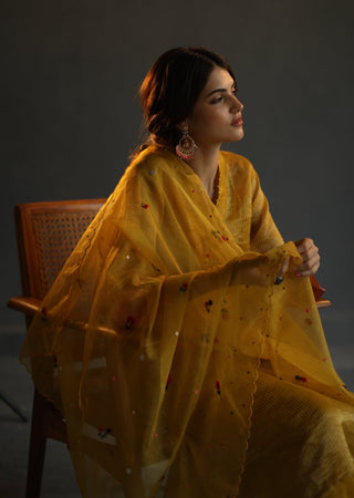 Begum Pret-Mustard A-Line Asymmetrical Kurta Set-INDIASPOPUP.COM