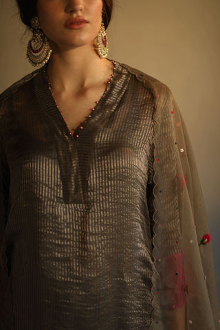 Begum Pret-Charcoal Grey A-Line Asymmetrical Kurta Set-INDIASPOPUP.COM