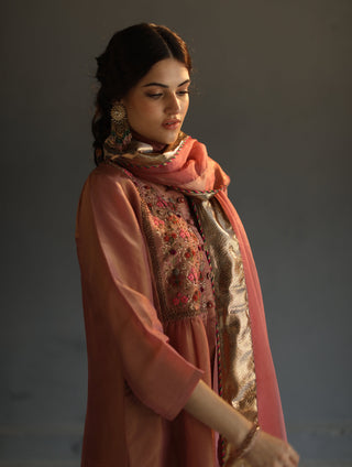 Begum Pret-Peach A-Line Kurta Set-INDIASPOPUP.COM