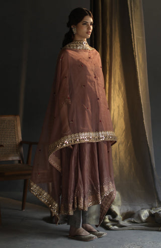 Begum Pret-Blush Peach A-Line Asymmetrical Kurta Set-INDIASPOPUP.COM