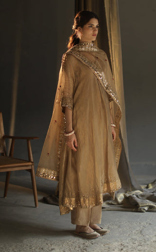 Begum Pret-Beige A-Line Asymmetrical Kurta Set-INDIASPOPUP.COM