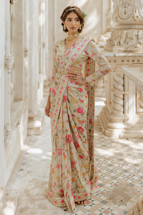 Buy Beige Floral Print Saree Online-Karagiri, 59% OFF