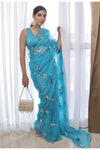 Turquoise Blue Mirror Saree And Blouse