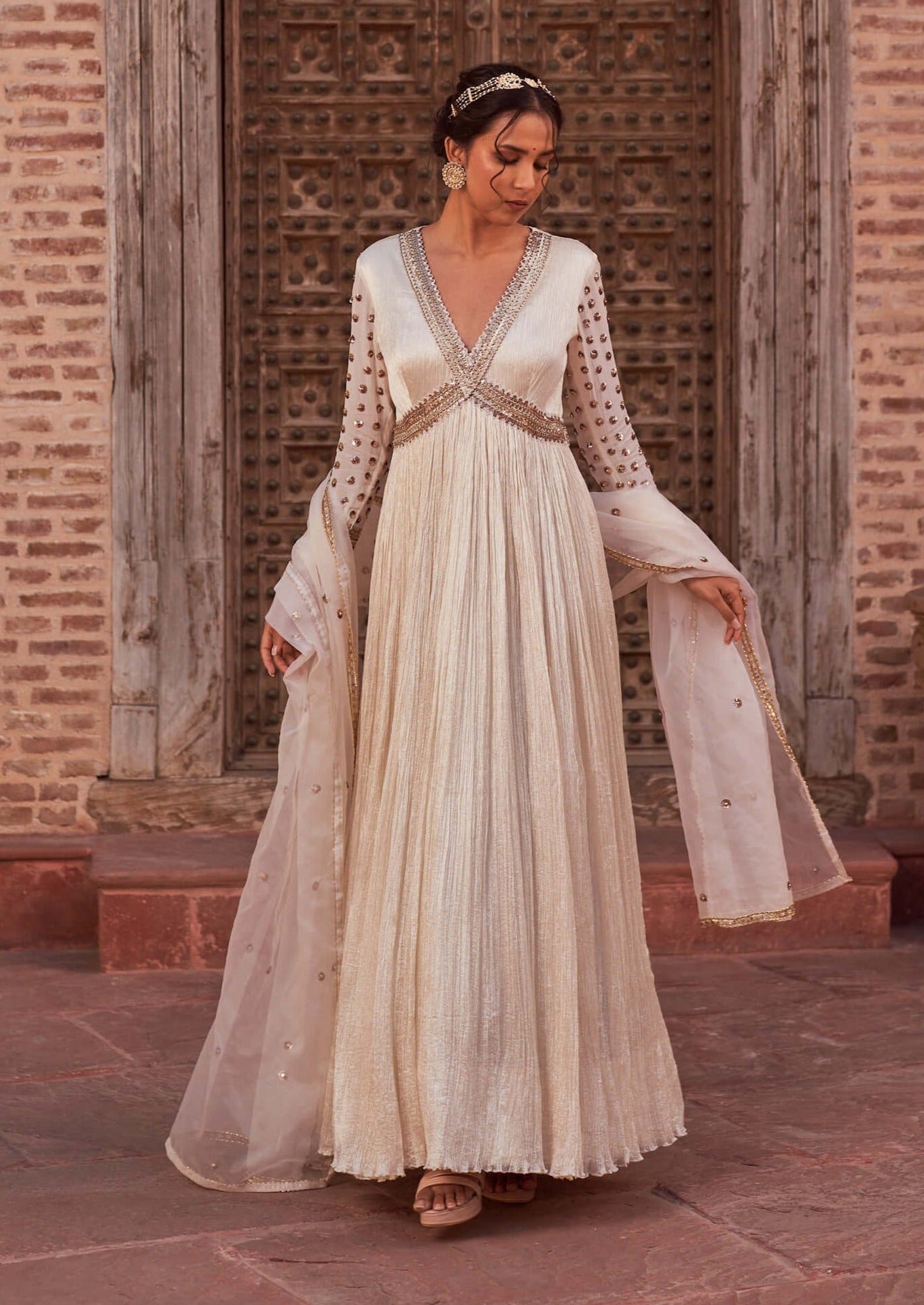 Nidhika Shekhar | Ivory Karwa Embroidered Anarkali With Dupatta | INDIASPOPUP.COM M Nidhika Shekhar | Ivory Karwa Embroidered Anarkali With Dupatta | INDIASPOPUP.COM M