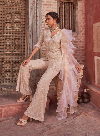 Nidhika Shekhar-Champagne Embroidered Sharara Set-INDIASPOPUP.COM