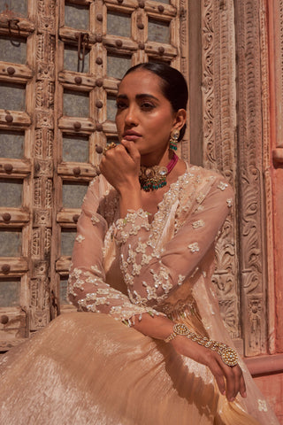 Nidhika Shekhar-Champagne Crinkled Anarkali And Cape-INDIASPOPUP.COM