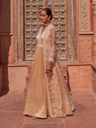 Nidhika Shekhar-Champagne Crinkled Anarkali And Cape-INDIASPOPUP.COM