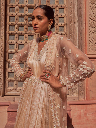 Nidhika Shekhar-Champagne Crinkled Anarkali And Cape-INDIASPOPUP.COM