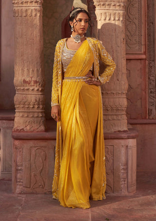 Nidhika Shekhar-Yellow Draped Foil Sari And Cape Set-INDIASPOPUP.COM