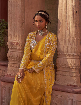 Nidhika Shekhar-Yellow Draped Foil Sari And Cape Set-INDIASPOPUP.COM