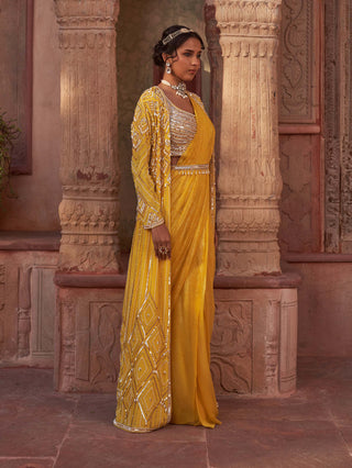 Nidhika Shekhar-Yellow Draped Foil Sari And Cape Set-INDIASPOPUP.COM