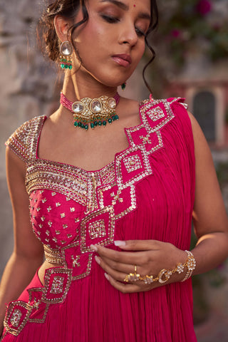Nidhika Shekhar-Fuchsia Pink Draped Sari And Blouse-INDIASPOPUP.COM