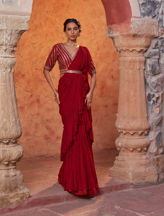 Nidhika Shekhar-Red Embroidered Draped Sari Set-INDIASPOPUP.COM