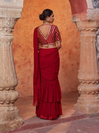 Nidhika Shekhar-Red Embroidered Draped Sari Set-INDIASPOPUP.COM