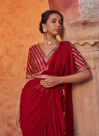 Nidhika Shekhar-Red Embroidered Draped Sari Set-INDIASPOPUP.COM