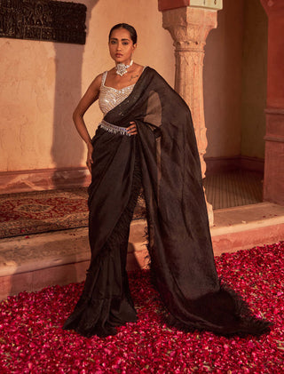 Nidhika Shekhar-Black Ivory Draped Sari Set-INDIASPOPUP.COM