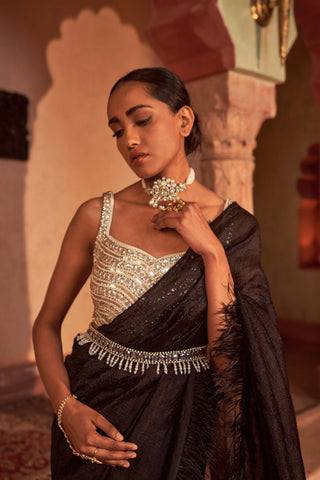 Nidhika Shekhar-Black Ivory Draped Sari Set-INDIASPOPUP.COM