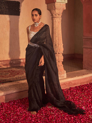 Nidhika Shekhar-Black Ivory Draped Sari Set-INDIASPOPUP.COM