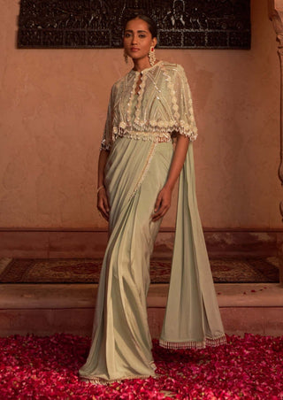 Nidhika Shekhar-Sage Green Embroidered Sari And Cape Set-INDIASPOPUP.COM