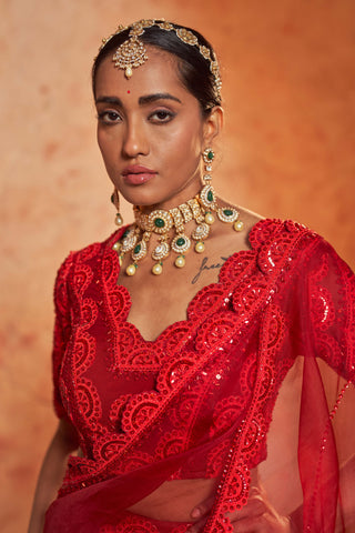 Nidhika Shekhar-Red Embroidered Draped Sari With Blouse-INDIASPOPUP.COM