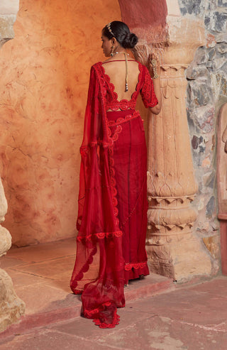 Nidhika Shekhar-Red Embroidered Draped Sari With Blouse-INDIASPOPUP.COM