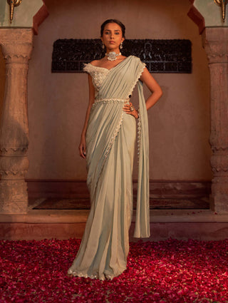 Nidhika Shekhar-Sage Green Embroidered Sari Set-INDIASPOPUP.COM