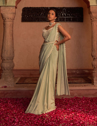 Nidhika Shekhar-Sage Green Embroidered Sari Set-INDIASPOPUP.COM