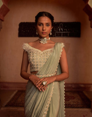 Nidhika Shekhar-Sage Green Embroidered Sari Set-INDIASPOPUP.COM