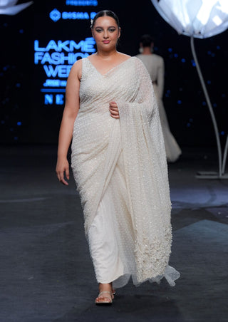 Disha Patil-Argent White Draped Sari With Blouse-INDIASPOPUP.COM