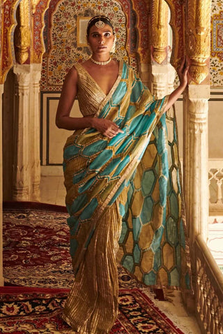 Itrh-Turquoise And Green Honeycomb Saree With Blouse-INDIASPOPUP.COM