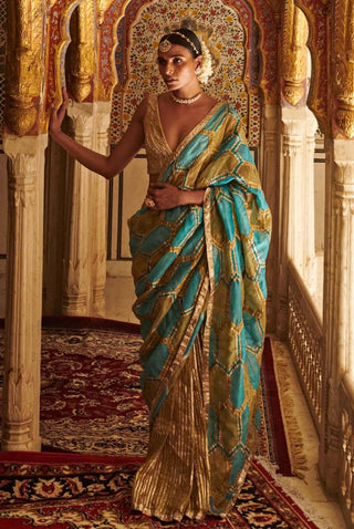 Itrh-Turquoise And Green Honeycomb Saree With Blouse-INDIASPOPUP.COM