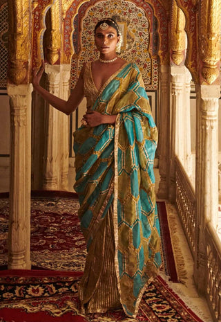 Itrh-Turquoise And Green Honeycomb Saree With Blouse-INDIASPOPUP.COM