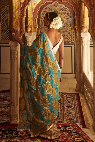 Itrh-Turquoise And Green Honeycomb Saree With Blouse-INDIASPOPUP.COM