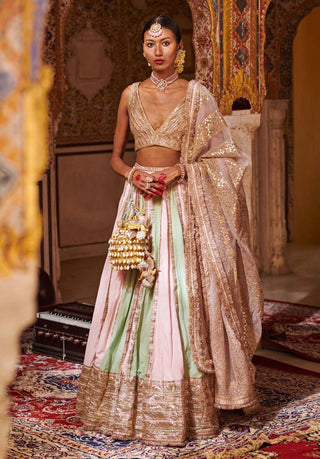 Itrh-Green Pink Linen Lehenga Set-INDIASPOPUP.COM