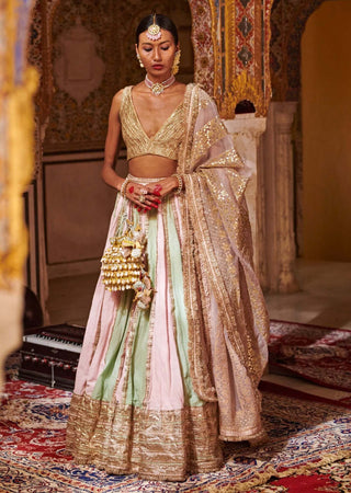 Itrh-Green Pink Linen Lehenga Set-INDIASPOPUP.COM