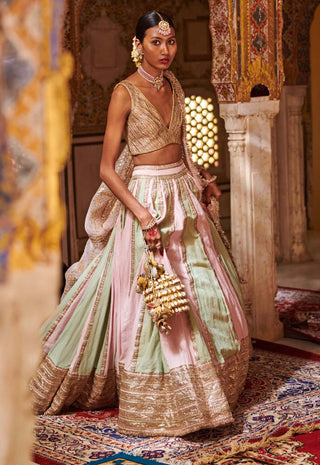 Itrh-Green Pink Linen Lehenga Set-INDIASPOPUP.COM