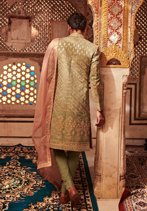 Itrh-Green Pink Gota Patti Sherwani Set-INDIASPOPUP.COM