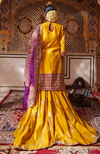 Itrh-Yellow Kurta And Sharara With Purple Dupatta-INDIASPOPUP.COM