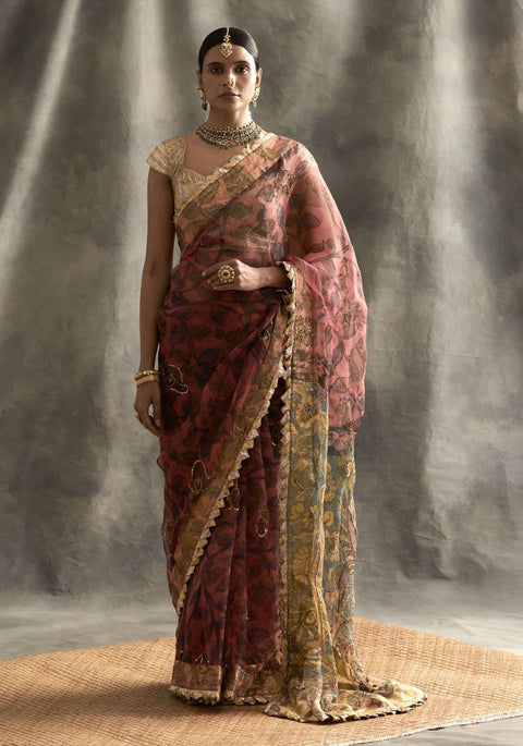 Multicolor Kalamkari Silk Organza Saree Set