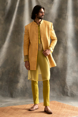 Yellow Linen Jacket With Kurta and Pants