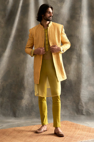 Yellow Linen Jacket With Kurta and Pants