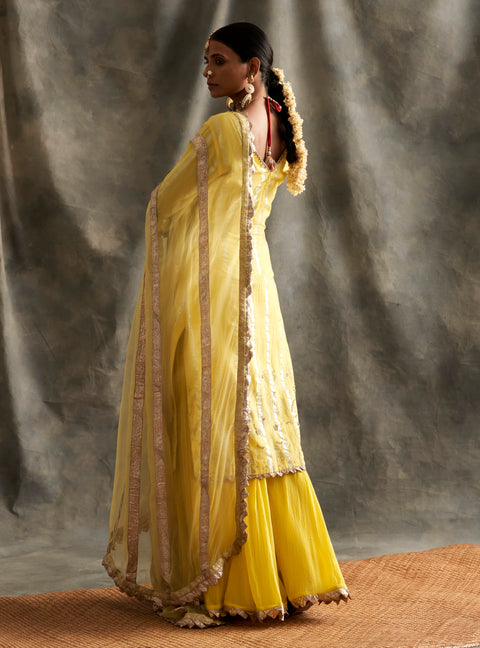 Yellow Silver Jacquard Kurta Sharara Set