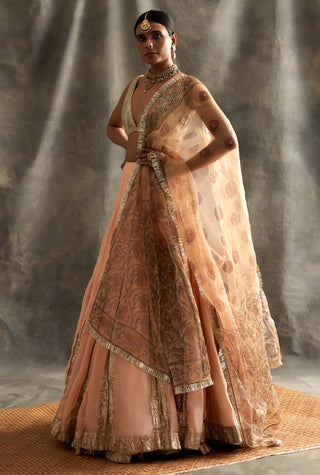 Peach Silk Chanderi Lehenga Set