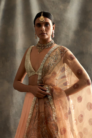 Peach Silk Chanderi Lehenga Set