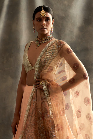 Peach Silk Chanderi Lehenga Set