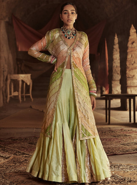 Itrh-Multicolour & Mint Umeed Sharara Jacket Set-INDIASPOPUP.COM