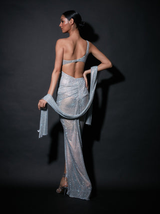 Itrh-Silver One Shoulder Ruched Gown With Stole-INDIASPOPUP.COM