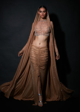 Itrh-Nude Crystal Embellished Top And Skirt Set-INDIASPOPUP.COM