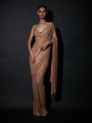 Itrh-Nude Crystal Draped Sari And Blouse-INDIASPOPUP.COM